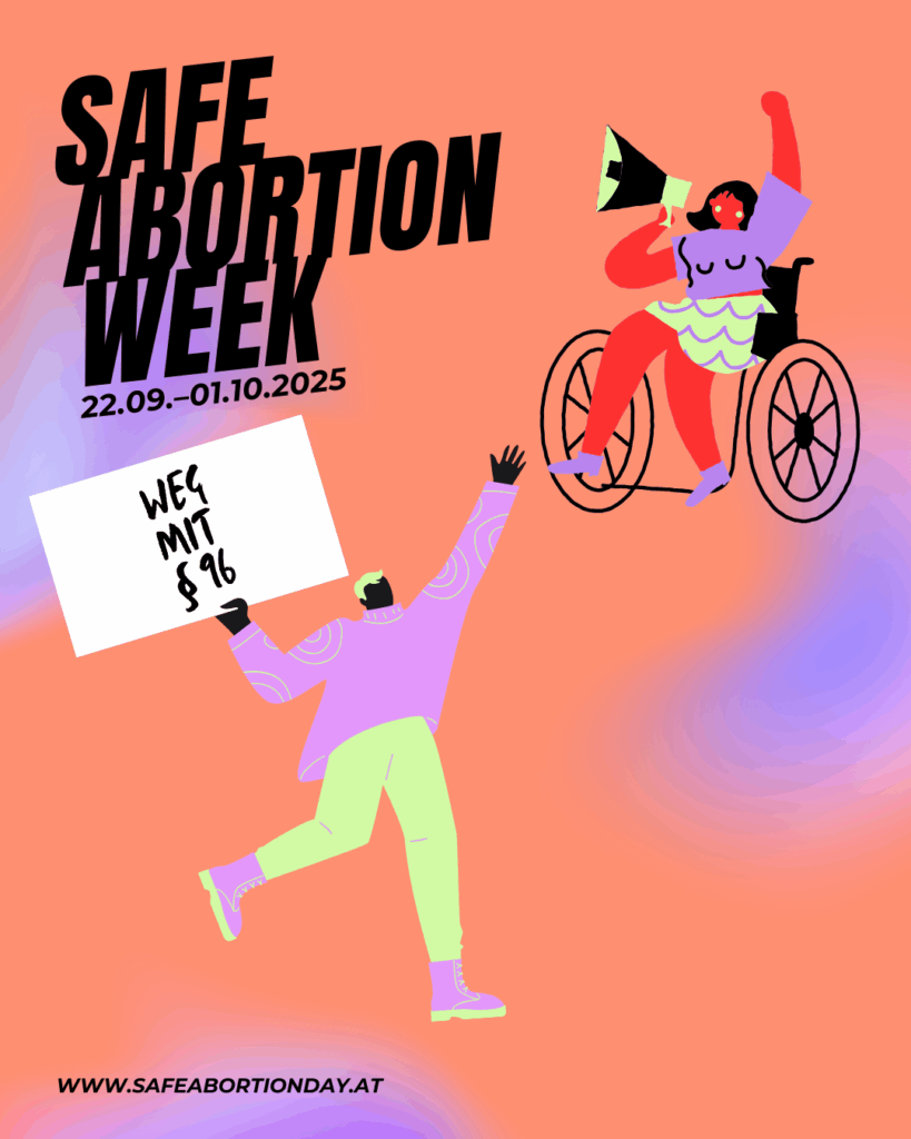 Illustration mit zwei Figuren, die für reproduktive Rechte demonstrieren.